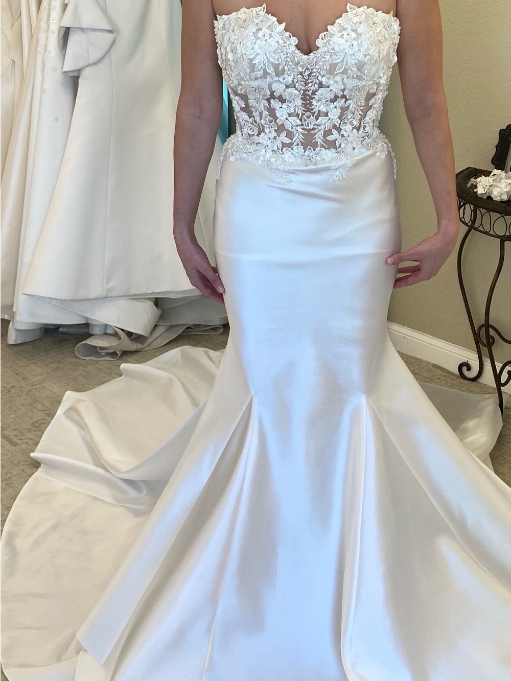 Eve of Milady Wedding Gown with Lace, embellished, beaded appliqué bodice